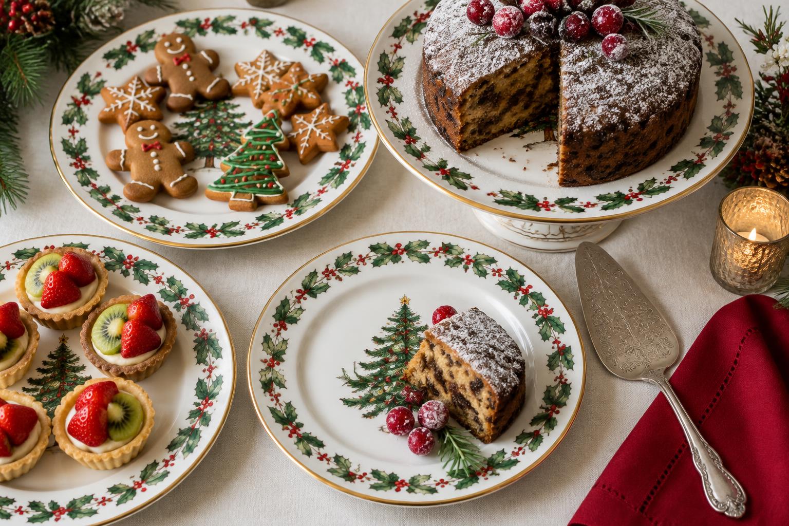 คุกกี้ขิง เค้กคริสต์มาส และทาร์ตผลไม้ จัดวางให้เห็นลายขอบจาน — Festive dessert styling inspiration